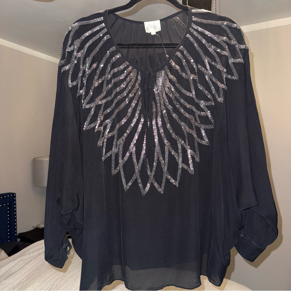 Pre-Loved (worn once) 100% silk Parker Small Black Beaded Top
